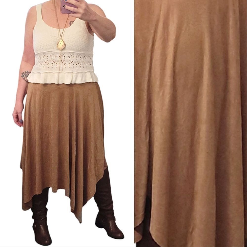 VTG Camel Faux Suede Pull On Handkerchief Hem Midi Skirt Large